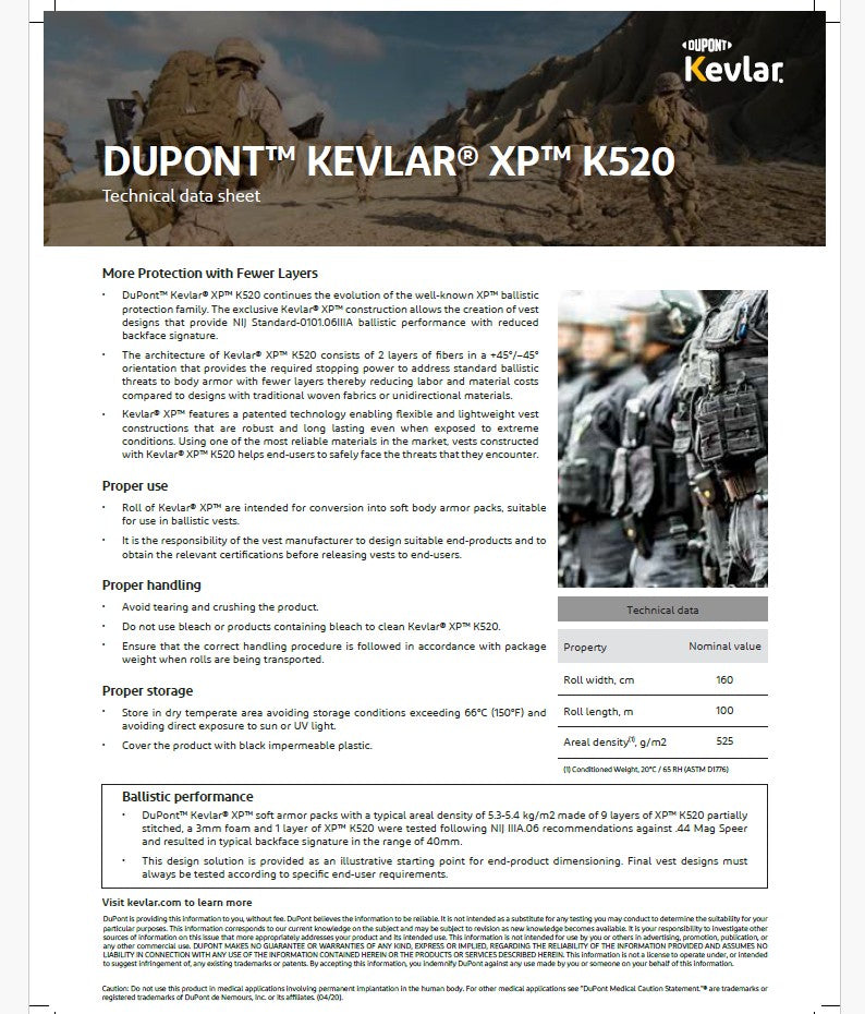 Technical data sheet for Dupont Kevlar XP K520 with military imagery and text.