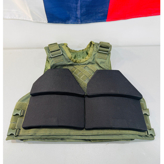 Green tactical vest with GTS Armor custom ceramic armor plates